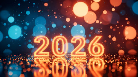 A Glowing neon number style for happy new year 2026 with bright bokeh light on festive scene night