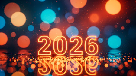A Glowing neon number style for happy new year 2026 with bright bokeh light on festive scene nightの写真素材