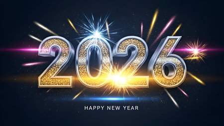 A Happy new year 2026 glitter number with bright fireworks on dark night sky for celebration