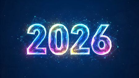A new year 2026 neon glow number with bright digital sparkle in dark festive background