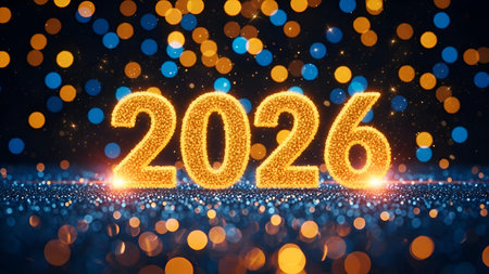 A Happy New Year 2026 celebration with glowing lights and lit sparkle evening view