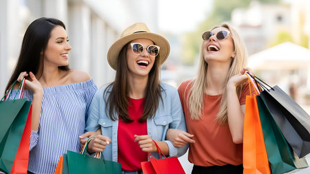 A Three Happy Young Women Friends Laughing While Walking With Colorful Shopping Bags During
