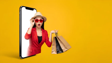 A Excited Woman Shopping Online Through Mobile Phone Display Emerging With Bags During Unlimited