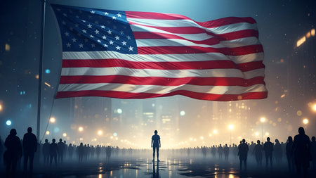 A Martin Luther King Day civil rights unity scene with American flag and crowdの写真素材