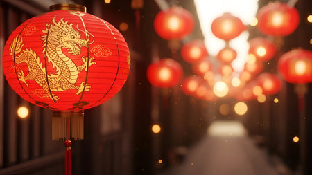 A Chinese New Year dragon lantern street with red light decoration for cultural designの写真素材