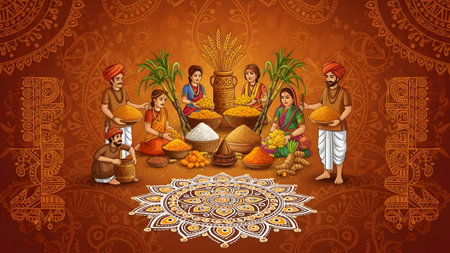 A Makar sankranti harvest festival illustration with farmers ritual crops and traditionの写真素材