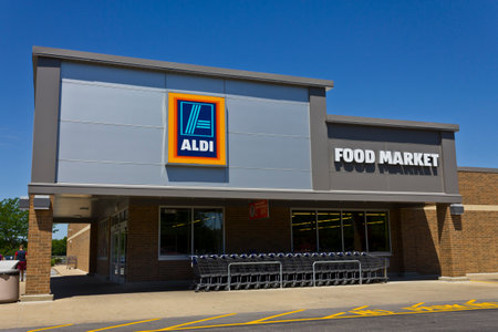 Indianapolis - Circa June 2016: Aldi Discount Supermarket. Aldi sells a range of grocery items, including produce, meat & dairy, at discount prices VIIのeditorial素材