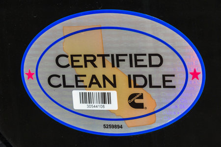 Indianapolis - Circa February 2017: California Clean Idle Sticker. The sticker certifies a diesel engine in a late model medium duty truck may idle longer than five minutes in California Iのeditorial素材