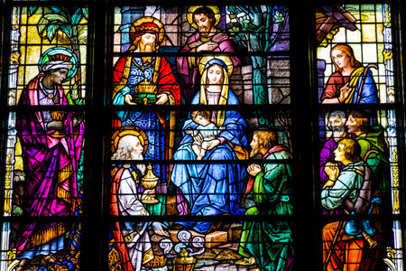 Indianapolis - Circa March 2017: St. Mary Catholic Church Stained Glass Window Depicting Jesus and Mary IIのeditorial素材