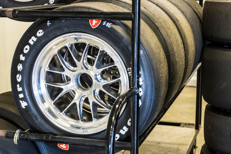 Indianapolis - Circa May 2017: Sets of Firestone racing tires prepared for IndyCars at Indianapolis Motor Speedway for the Indy 500 Iのeditorial素材
