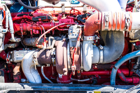 Indianapolis - Circa June 2017: Peterbuilt Big Rig Semi Tractor Trailer engine turbocharger Iのeditorial素材