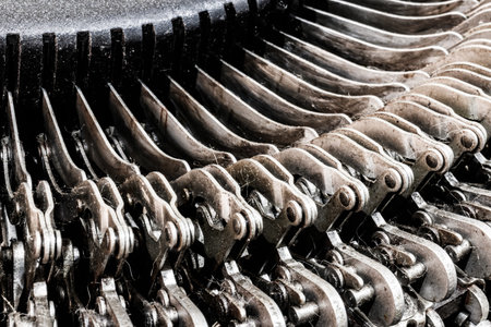 Antique typewriter mechanical typebar slide. Each key connects to a lever that when pressed, moves a...