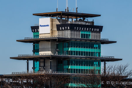 Indianapolis - Circa March 2018: The Panasonic Pagoda at Indianapolis Motor Speedway. IMS Prepares for the 102nd Running of the Indy 500 IIIのeditorial素材