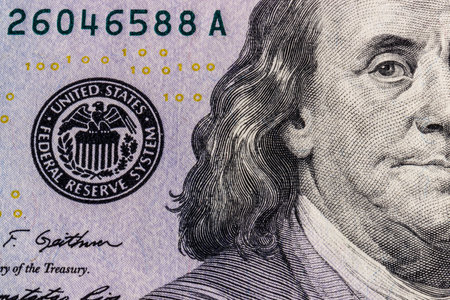 Closeup of Ben Franklin on a one hundred dollar bill for backgroundのeditorial素材