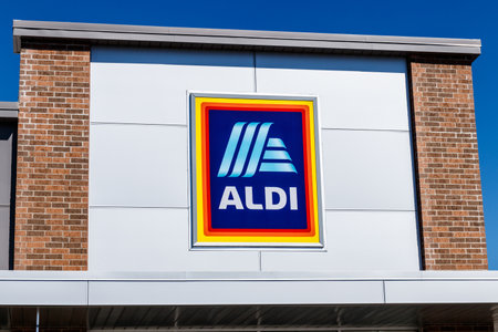 Noblesville - Circa March 2018: Aldi Discount Supermarket. Aldi sells a range of grocery items, including produce, meat & dairy, at discount prices IIのeditorial素材