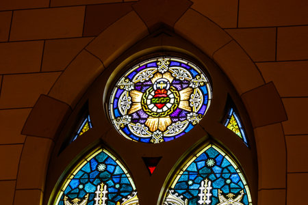 Indianapolis: Circa March 2018: Stained Glass at the Sacred Heart Catholic Church. This Parish was established in 1875 VIIのeditorial素材