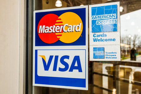 Indianapolis - Circa April 2018: VISA, MasterCard and American Express logos. VISA, MasterCard and AMEX offer many payment products worldwide Iのeditorial素材