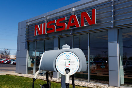 Lafayette - Circa April 2018: Electric Vehicle Quick Charger at a local Nissan Car Dealership. The Nissan LEAF EV is a best-selling vehicle IIのeditorial素材