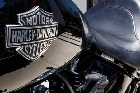 Lafayette - Circa April 2018: Emblem and Engine of a Harley Davidson. Harley Davidson Motorcycles are Known for Their Loyal Following IIIのeditorial素材