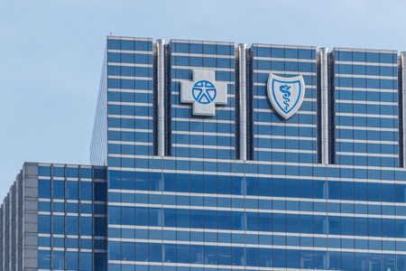 Chicago - Circa May 2018: Blue Cross Blue Shield headquarters signage and logo. Blue Cross Blue Shield is a federation of health insurance organizations Iのeditorial素材