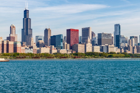 Chicago - Circa May 2018: Windy City downtown skyline from Lake Michigan on a sunny day. Chicago is home to the Cubs, Bears, Blackhawks and deep dish pizza Iのeditorial素材