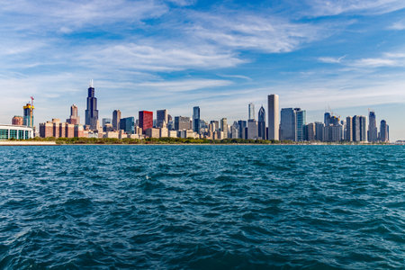 Chicago - Circa May 2018: Windy City downtown skyline from Lake Michigan on a sunny day. Chicago is home to the Cubs, Bears, Blackhawks and deep dish pizza IIIのeditorial素材