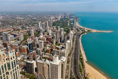 Chicago - Circa May 2018: Windy City downtown skyline from the Hancock Tower on a sunny day. Chicago is home to the Cubs, Bears, Blackhawks and deep dish pizza Vのeditorial素材