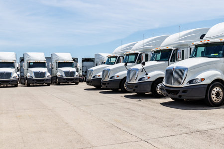 Indianapolis - Circa June 2018: International Semi Tractor Trailer Trucks Lined up for Sale....