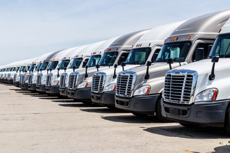 Indianapolis - Circa June 2018: Freightliner Semi Tractor Trailer Trucks Lined up for Sale....