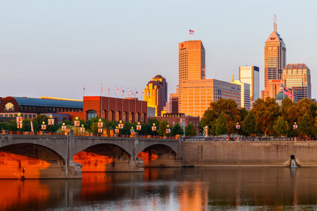 Indianapolis - Circa July 2018: Downtown Indianapolis skyline at sunset with Indy landmarks the Salesforce Tower, NCAA Hall of Champions and OneAmerica Tower Iのeditorial素材