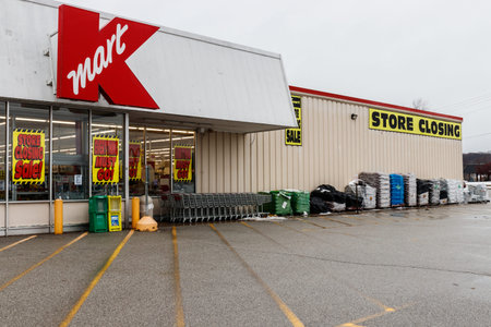 Peru - Circa January 2019: Store Closing signs at a Kmart Retail Location. Sears Holdings filed for...
