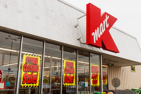 Peru - Circa January 2019: Store Closing signs at a Kmart Retail Location. Sears Holdings filed for...