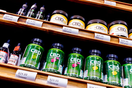 Indianapolis - Circa February 2019: Various CBD oil products. The popularity of CBD oil as a medicinal product has skyrocketed Vのeditorial素材
