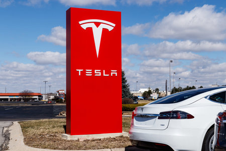 Indianapolis - Circa March 2019: Tesla Service Center. Tesla says new V3 Supercharger stations will...