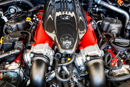 Indianapolis - Circa March 2019: 3.8 litre twin turbo V8 engine of a Maserati Levante. Maserati is a luxury car division of Fiat Chrysler Iのeditorial素材