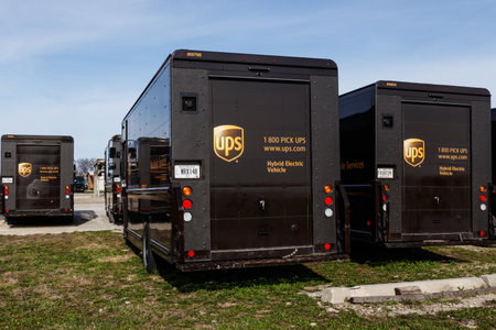 Celina - Circa April 2019: United Parcel Service hybrid electric vehicles. UPS is the World's Largest Package Delivery Company IIIのeditorial素材