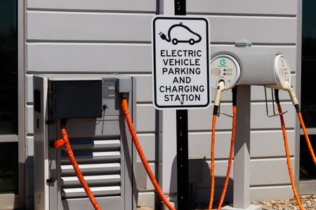 Fishers - Circa April 2019: Electric Vehicle Quick Charger at a local Nissan Car Dealership. The...