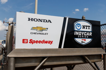 Indianapolis - Circa May 2019: NTT IndyCar series logo and sponsors Honda, Chevrolet and Speedway. IndyCar is the premier level of open-wheel racing IIのeditorial素材