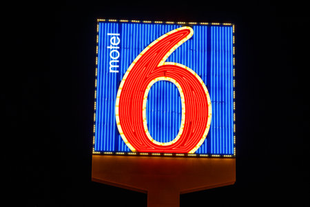 Las Vegas - Circa June 2019: Motel 6 Logo and Signage. Motel 6 is a major chain of budget motels Iのeditorial素材