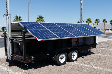 Las Vegas - Circa June 2019: DC Solar Mobile Photovoltaic Solar Panels on trailer. Each unit is...