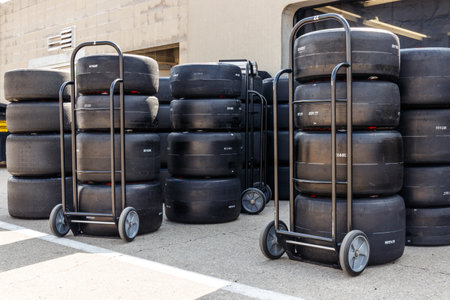 Indianapolis - Circa May 2019: Firestone Firehawk tires prepared for racing. Firestone tires are the exclusive tire of IndyCar IVのeditorial素材