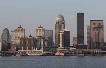 Louisville - Circa July 2019: Louisville downtown at sunrise, including the Mercer, BB&T, Galt House, PNC and Humana buildings and waterfront IIのeditorial素材