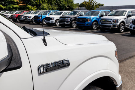 Indianapolis - Circa August 2019: Ford F150 display at a dealership. Ford sells products under the Lincoln and Motorcraft brandsのeditorial素材