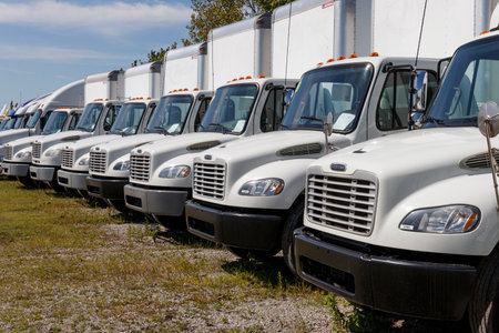 Zionsville - Circa August 2019: Freightliner Semi Tractor Trailer Trucks Lined up for Sale. Freightliner is owned by Daimler Trucks Iのeditorial素材