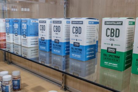 Carmel - Circa August 2019: CBD oil topical products. The popularity of CBD oil as a medicinal product has skyrocketedのeditorial素材