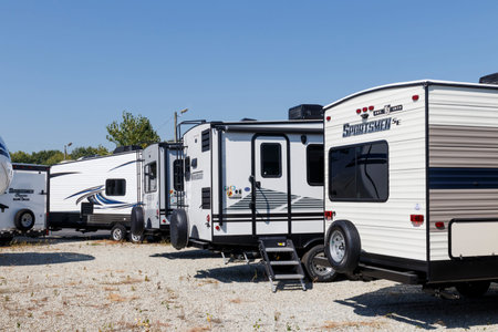 Indianapolis - Circa September 2019: KZ Sportsmen and Winnebago travel trailers for sale. KZ and...
