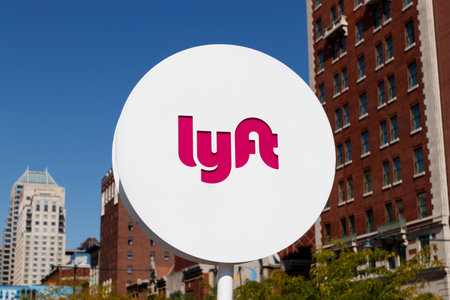 Indianapolis - Circa October 2019: Lyft pickup spot in the city. Lyft and Uber have replaced many Taxi cabs for transportationのeditorial素材