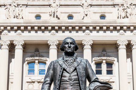 Indianapolis - Circa October 2019: George Washington statue stands guard on the south end of the Indiana State Capitolのeditorial素材