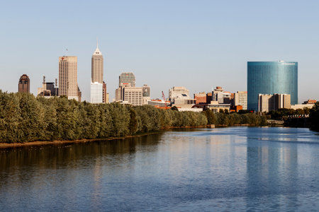 Indianapolis - Circa October 2019: Indianapolis downtown skyline along the White River with Indy landmarks Salesforce and Key Bank towers, Hilton, and JW Marriott Hotelのeditorial素材