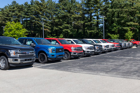 Indianapolis - Circa May 2020: Ford F150 display at a dealership. Ford sells products under the Lincoln and Motorcraft brands.のeditorial素材